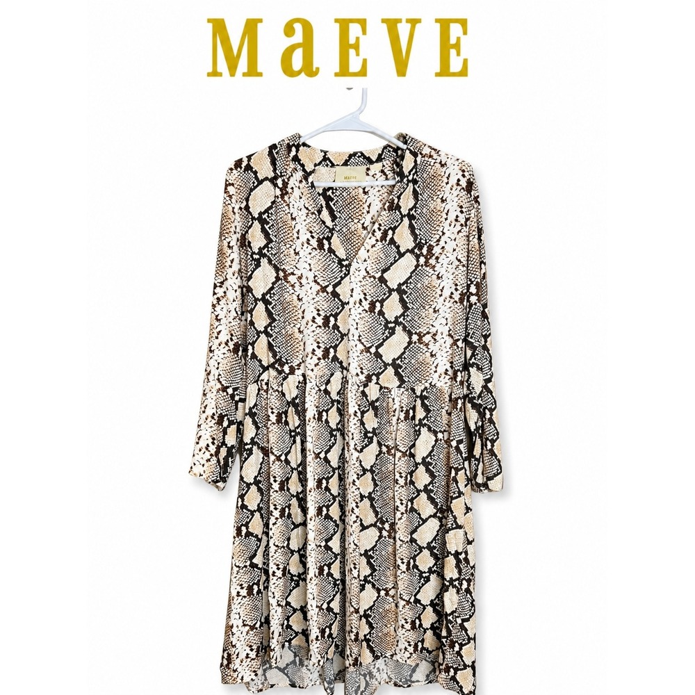 Maeve Anthropologie Snake Print Swing Dress Large Boho Tiered V Neck